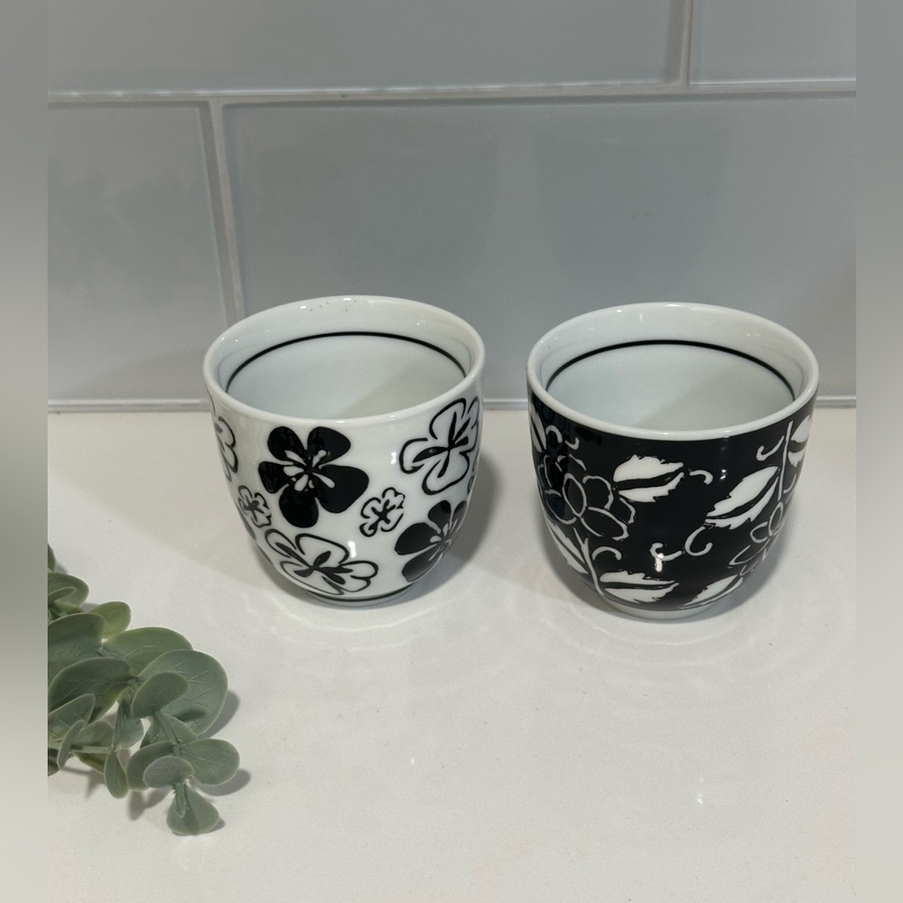 Pier 1 Imports Akina sake or tea cups Black And White Floral Cups Set Of 2
